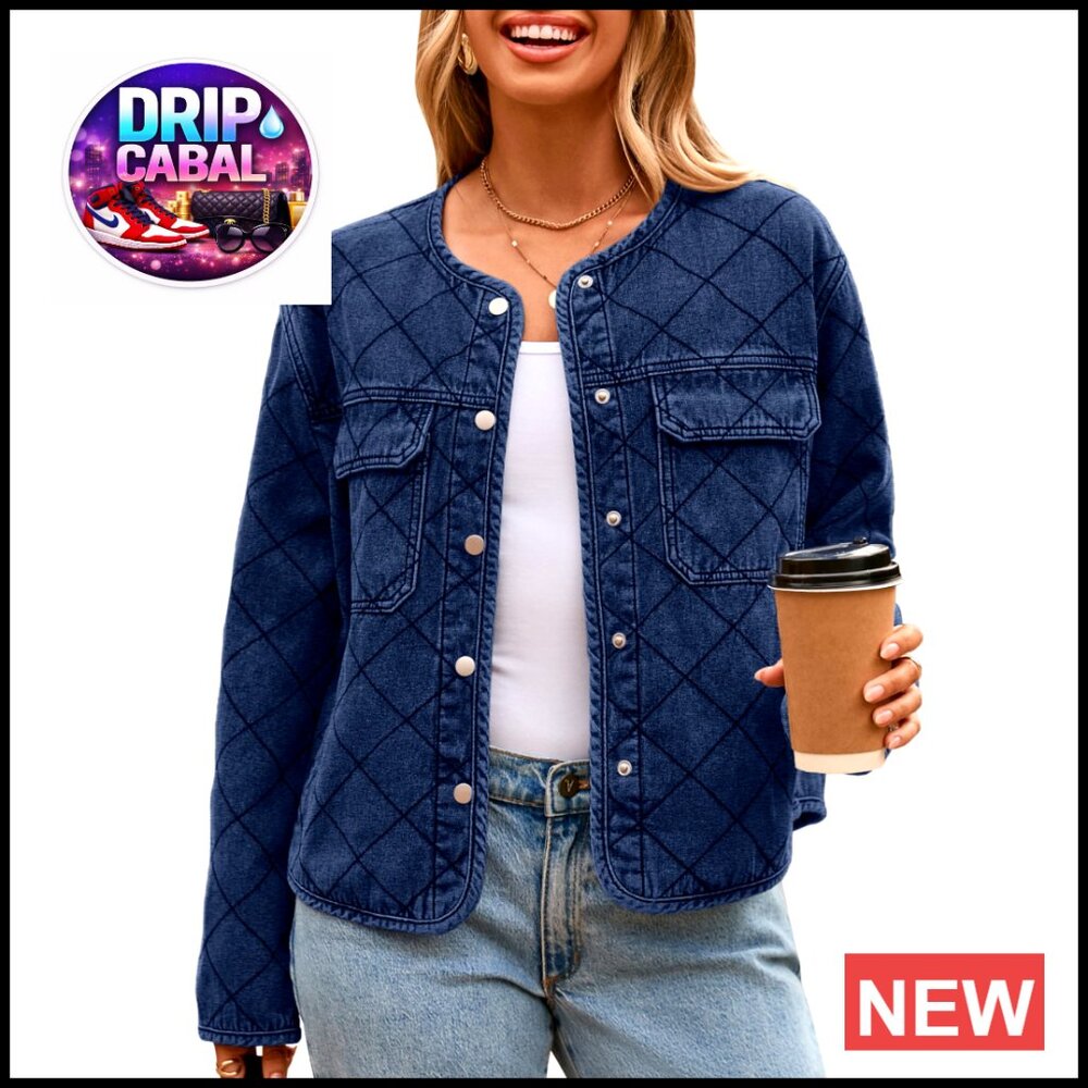 Quilted Denim Jacket Women's Lightweight Button Down Long Sleeve Loose Fit